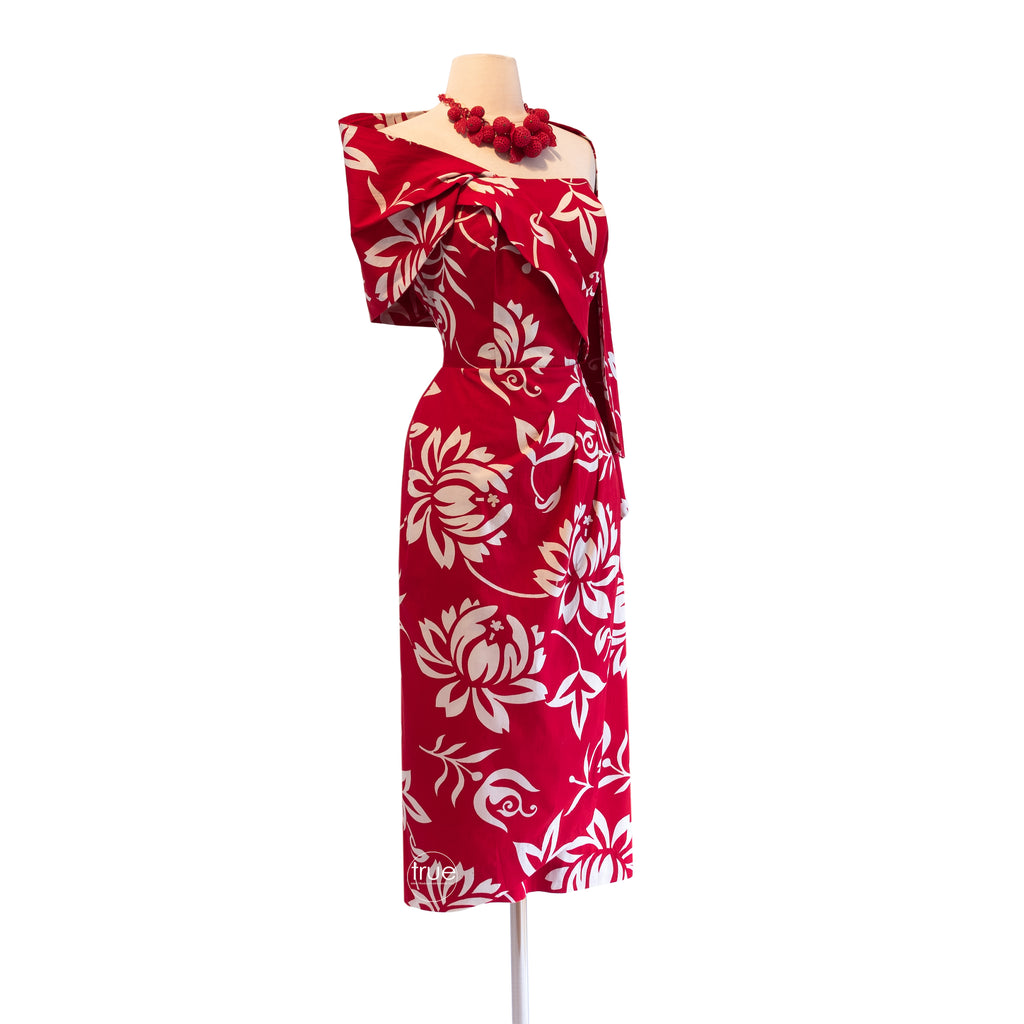 vintage 1950's dress ...iconic ALFRED SHAHEEN red hawaiian sarong dres –  Traven7's True Vintage Fashion